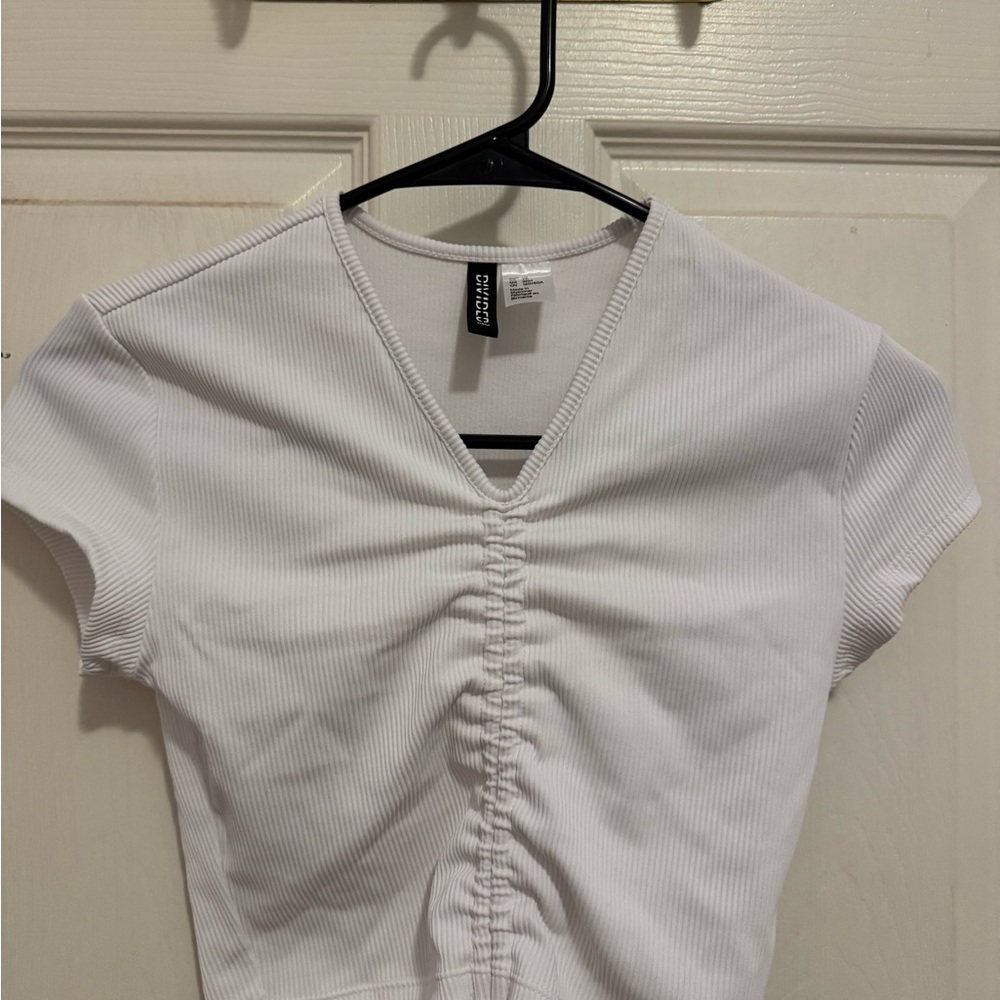H&M White Ruched V-Neck Crop Top